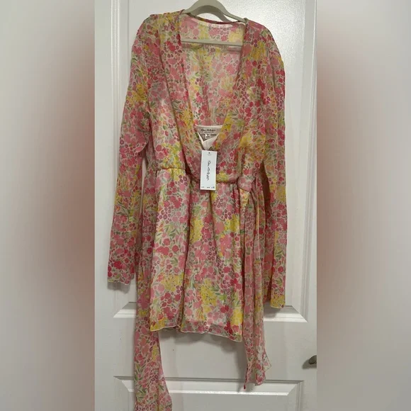 Miss Selfridge Floral Chiffon Romper Pink Yellow Long Sleeve V-Neck US 12 NWT - Picture 4 of 11